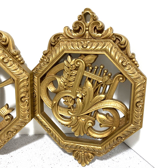 Homeco 1976 golden faux carved wood wall hangings set of 3 plaques music motif - Picture 4 of 12